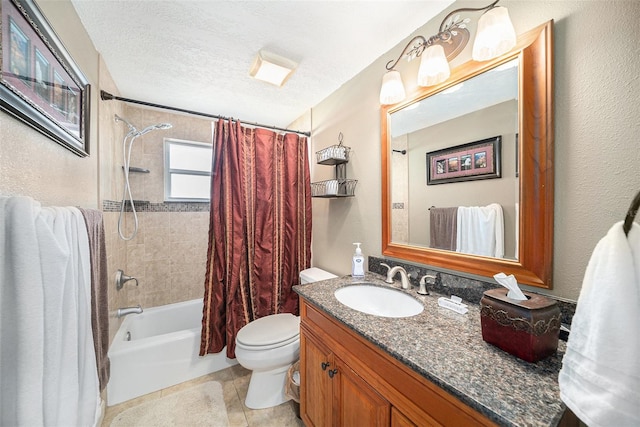 full bath with shower / bath combination with curtain, a textured wall, toilet, a textured ceiling, and vanity