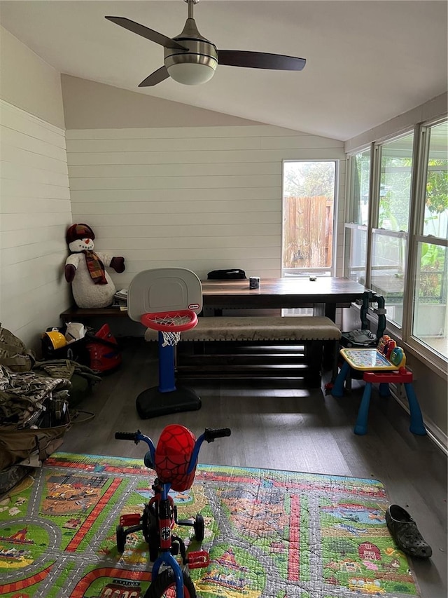 sunroom with vaulted ceiling and a ceiling fan