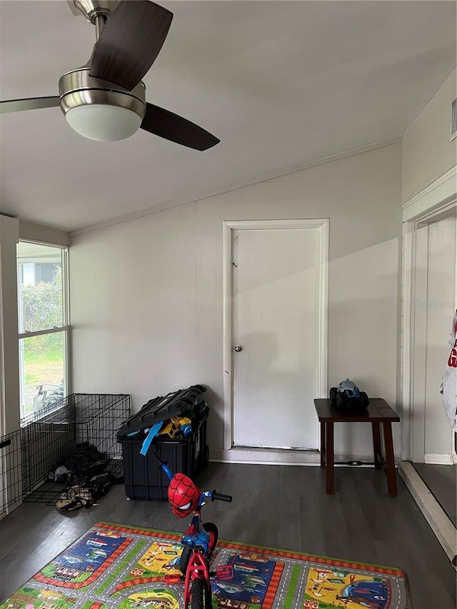 game room featuring ceiling fan and wood finished floors