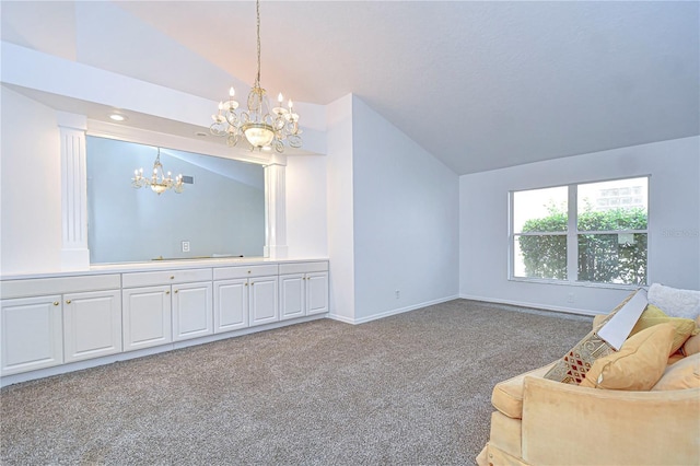 living area with vaulted ceiling, baseboards, carpet flooring, and a notable chandelier