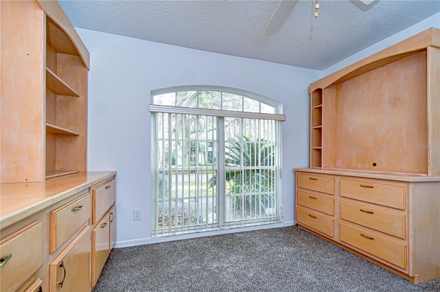 interior space with a textured ceiling, ceiling fan, dark carpet, and baseboards