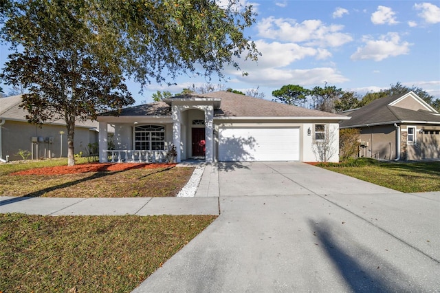 ranch-style house featuring a garage, concrete driveway, a front lawn, a porch, and stucco siding