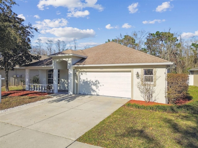 ranch-style house featuring a garage, driveway, roof with shingles, and stucco siding