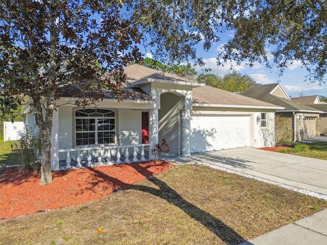 ranch-style home featuring a garage, concrete driveway, covered porch, and stucco siding