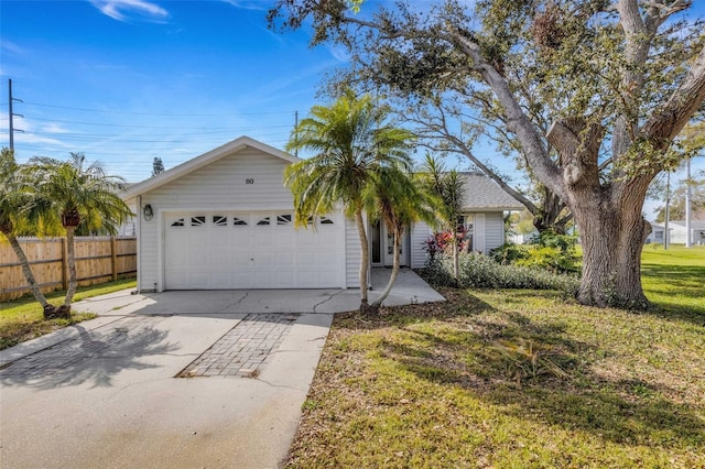 single story home featuring a front lawn, concrete driveway, fence, and an attached garage