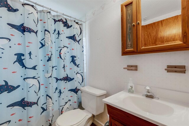 full bathroom featuring vanity, toilet, and a shower with curtain