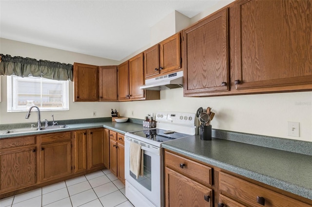 kitchen featuring white electric stove, brown cabinets, a sink, and under cabinet range hood