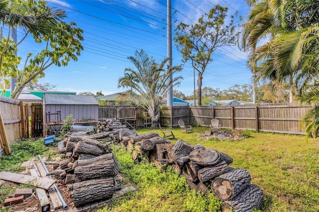 view of yard featuring a shed, an outdoor fire pit, an outdoor structure, and a fenced backyard