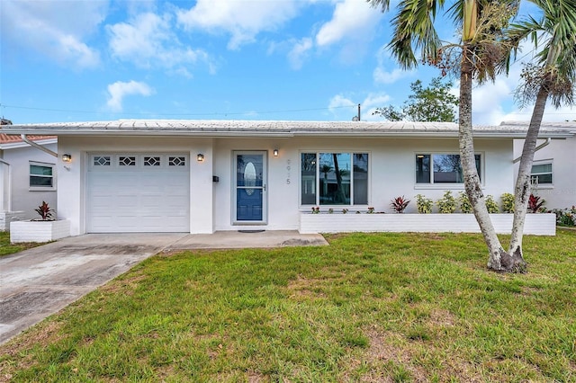 ranch-style house featuring a front yard, concrete driveway, an attached garage, and stucco siding