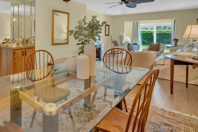 dining area featuring ceiling fan and wood finished floors