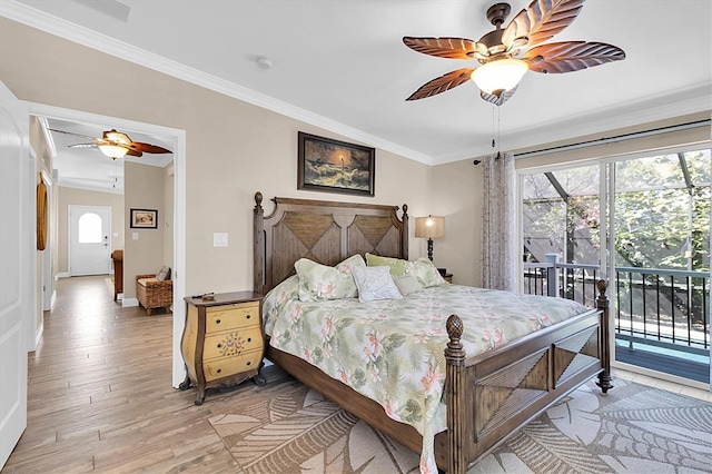 bedroom with ceiling fan, light wood-style floors, baseboards, access to exterior, and crown molding