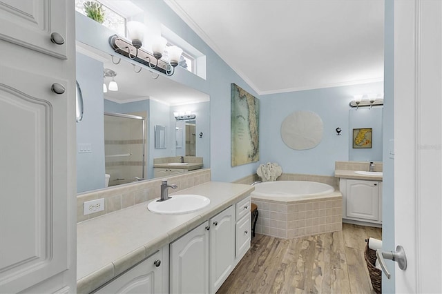 bathroom featuring ornamental molding, a stall shower, and a sink