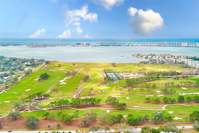 birds eye view of property featuring a water view and golf course view