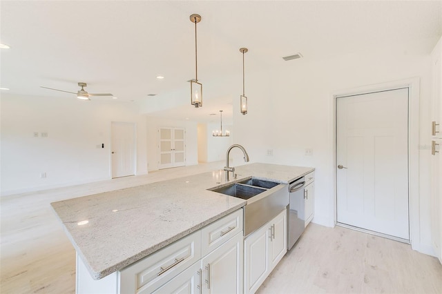 kitchen with visible vents, white cabinets, a ceiling fan, dishwasher, and a sink