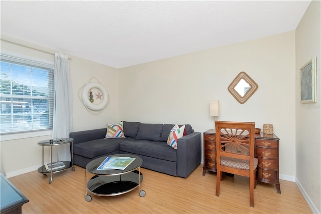 living room with light wood-type flooring and baseboards