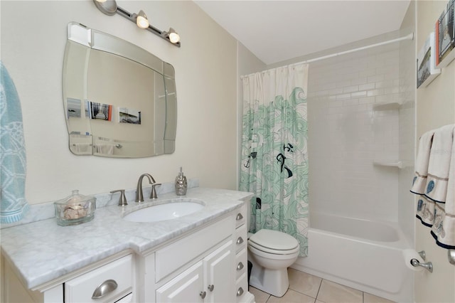 full bath with tile patterned flooring, shower / bathtub combination with curtain, vanity, and toilet