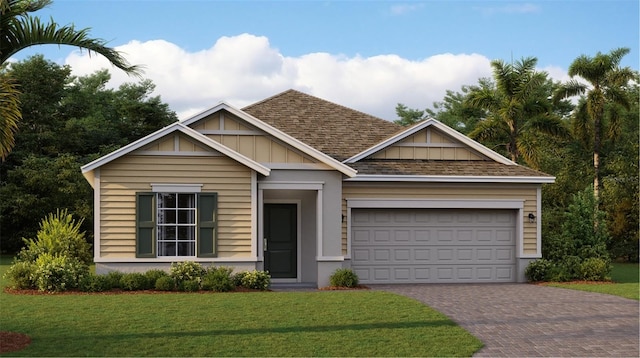 view of front of home featuring an attached garage, roof with shingles, decorative driveway, a front lawn, and board and batten siding