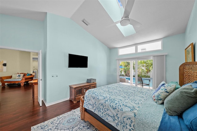 bedroom featuring a skylight, visible vents, baseboards, access to outside, and dark wood-style floors