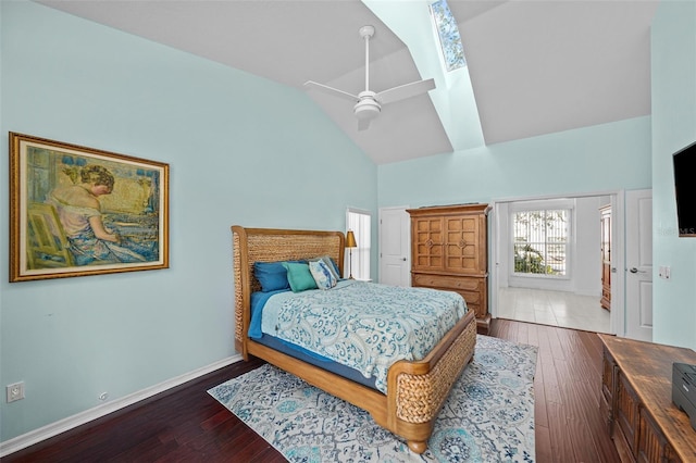 bedroom with high vaulted ceiling, ceiling fan, baseboards, and hardwood / wood-style floors