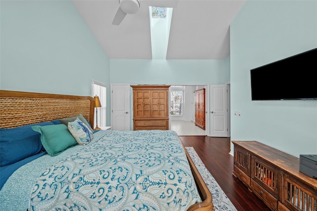 bedroom featuring high vaulted ceiling, ceiling fan, and wood finished floors