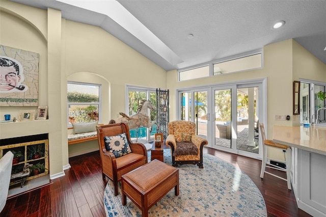 living area with lofted ceiling, a textured ceiling, a fireplace, french doors, and dark wood finished floors