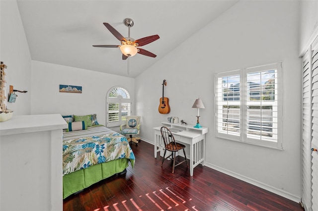 bedroom featuring ceiling fan, high vaulted ceiling, wood finished floors, and baseboards