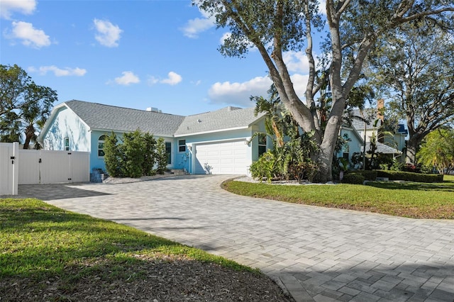 view of front of home featuring an attached garage, decorative driveway, a gate, stucco siding, and a front lawn