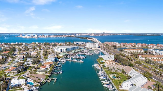 bird's eye view featuring a view of city and a water view