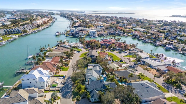 birds eye view of property featuring a water view and a residential view