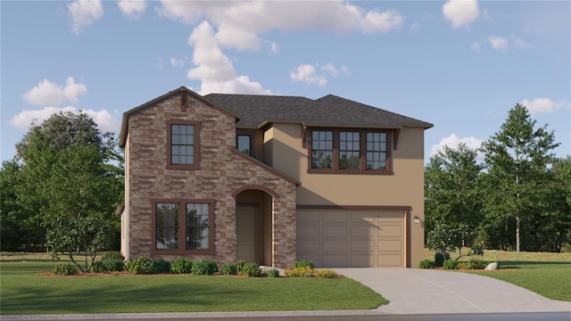 view of front of house featuring a garage, a front yard, driveway, and stucco siding