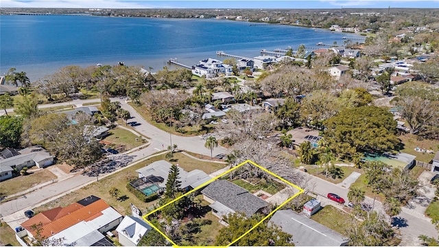 aerial view featuring a water view and a residential view