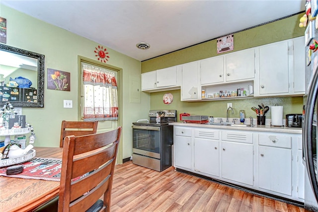 kitchen with light wood finished floors, light countertops, stainless steel range with electric cooktop, a sink, and white cabinetry