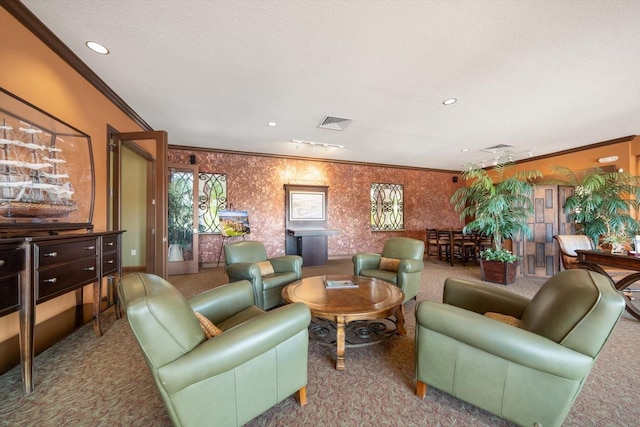 living area featuring ornamental molding, visible vents, carpet floors, and baseboards