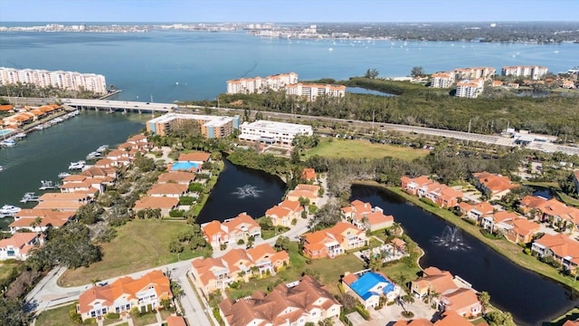 bird's eye view with a water view