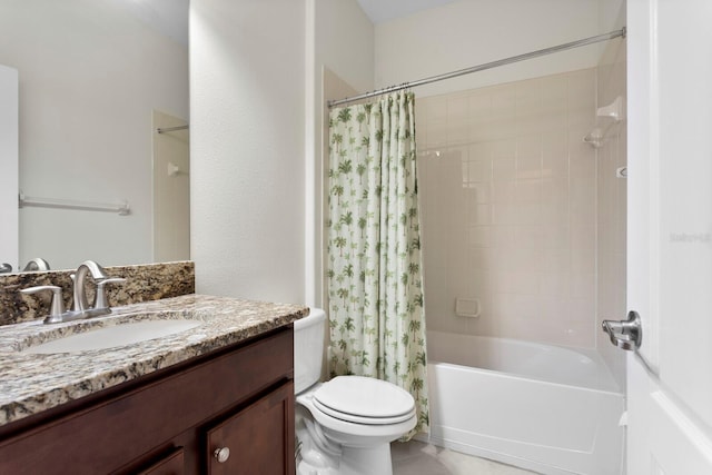 full bath featuring shower / bath combination with curtain, vanity, and toilet