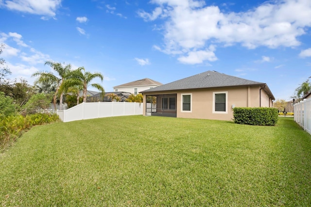 rear view of house featuring a fenced backyard, a lawn, and stucco siding