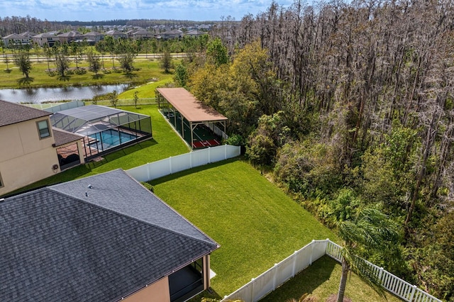 aerial view featuring a water view