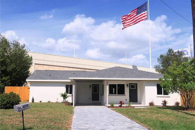 ranch-style house with a front lawn, roof with shingles, fence, and stucco siding