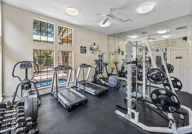 exercise room featuring visible vents and ceiling fan