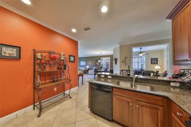 kitchen featuring light tile patterned floors, visible vents, dishwasher, crown molding, and a sink