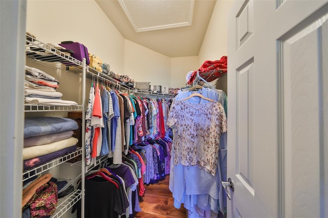 walk in closet with attic access and wood finished floors