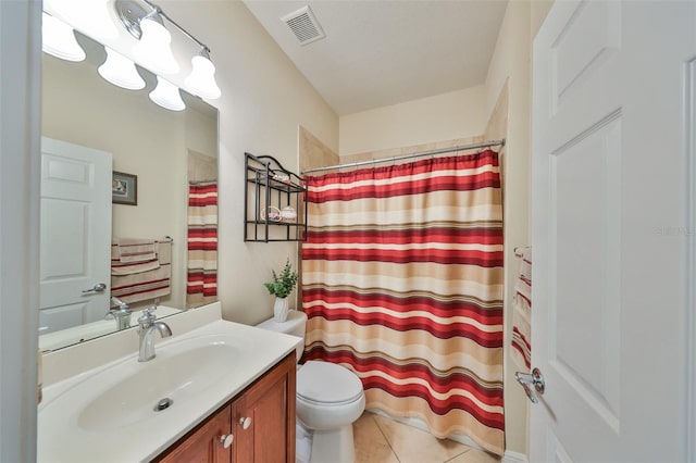 full bathroom with curtained shower, visible vents, toilet, vanity, and tile patterned flooring