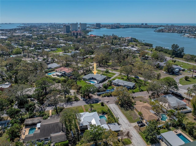 drone / aerial view featuring a water view