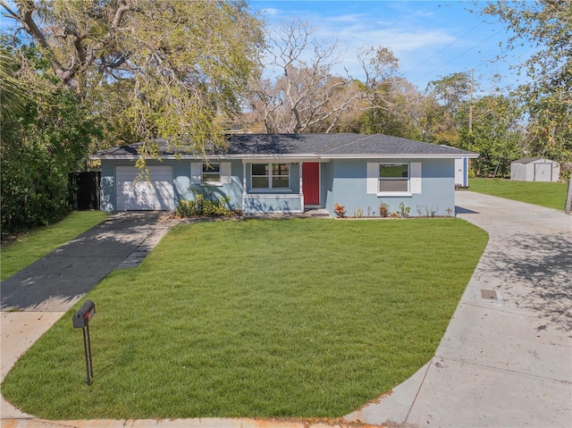 ranch-style house with a garage, stucco siding, aphalt driveway, and a front yard