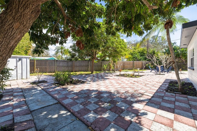 view of patio / terrace with a shed, an outdoor structure, and a fenced backyard