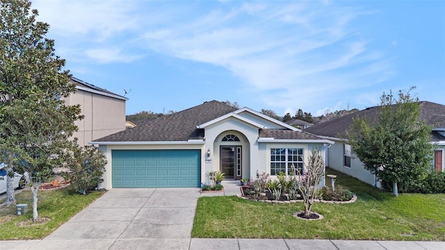 ranch-style home featuring a garage, driveway, a shingled roof, a front lawn, and stucco siding