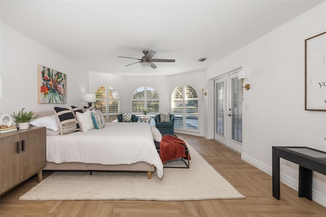 bedroom with access to exterior, french doors, visible vents, a ceiling fan, and baseboards