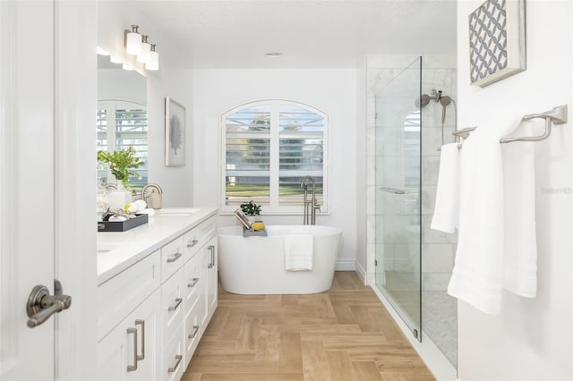 full bathroom featuring a sink, a freestanding tub, a tile shower, and a wealth of natural light