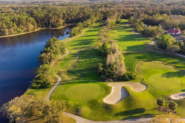 aerial view featuring a water view, a forest view, and view of golf course