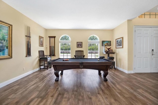 playroom with billiards, baseboards, and wood finished floors